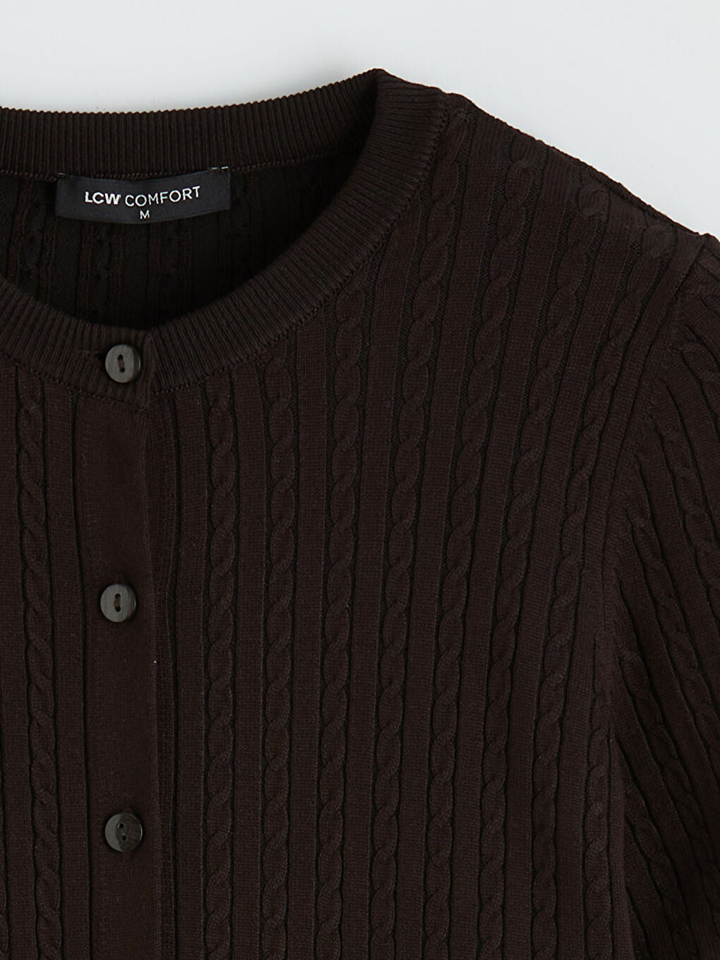 Kahverengi Bisiklet Yaka Saç Örgüsü Desenli Kadın Triko Hırka-1