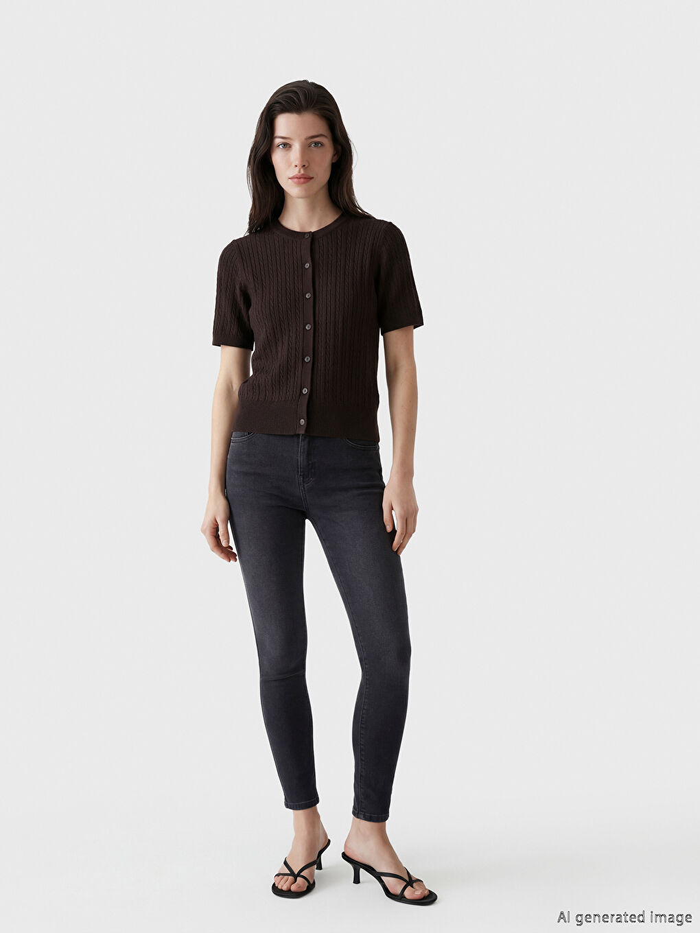 Kahverengi Bisiklet Yaka Saç Örgüsü Desenli Kadın Triko Hırka-1