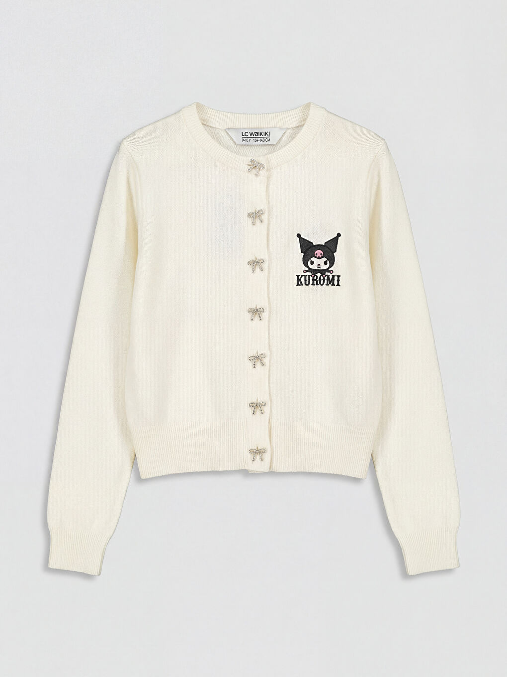 Ekru Kuromi Nakışlı Fiyonk Düğmeli Kız Çocuk Triko Hırka