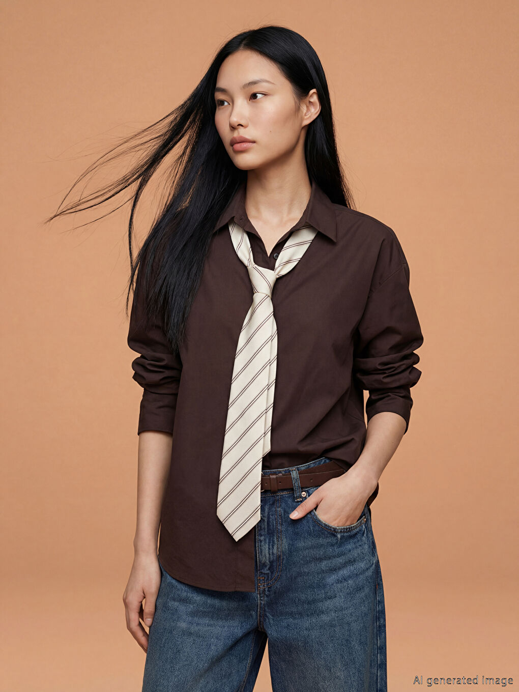 Ekru Çizgi Desenli Kravat