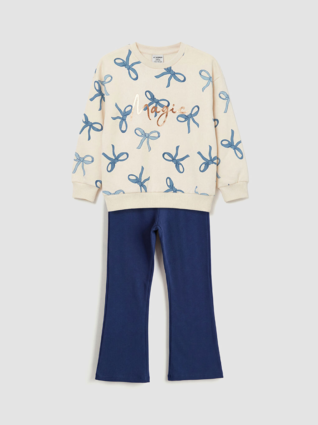 Ekru Fiyonk Desenli Kız Çocuk Sweatshirt ve Pantolon