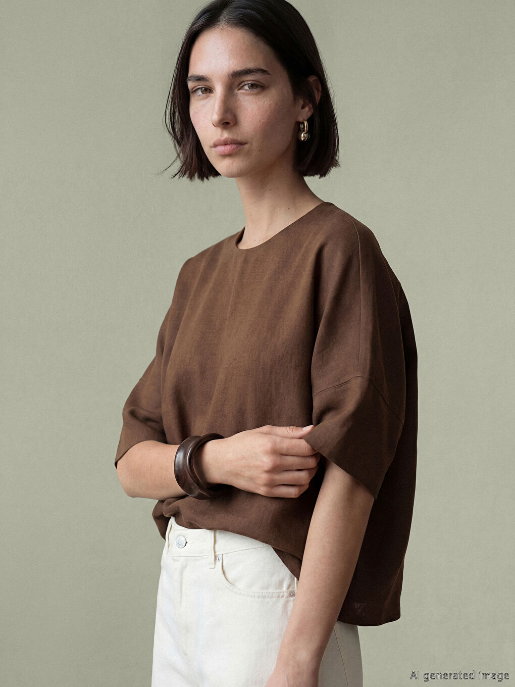 Kahverengi Bisiklet Yaka Oversize Bluz