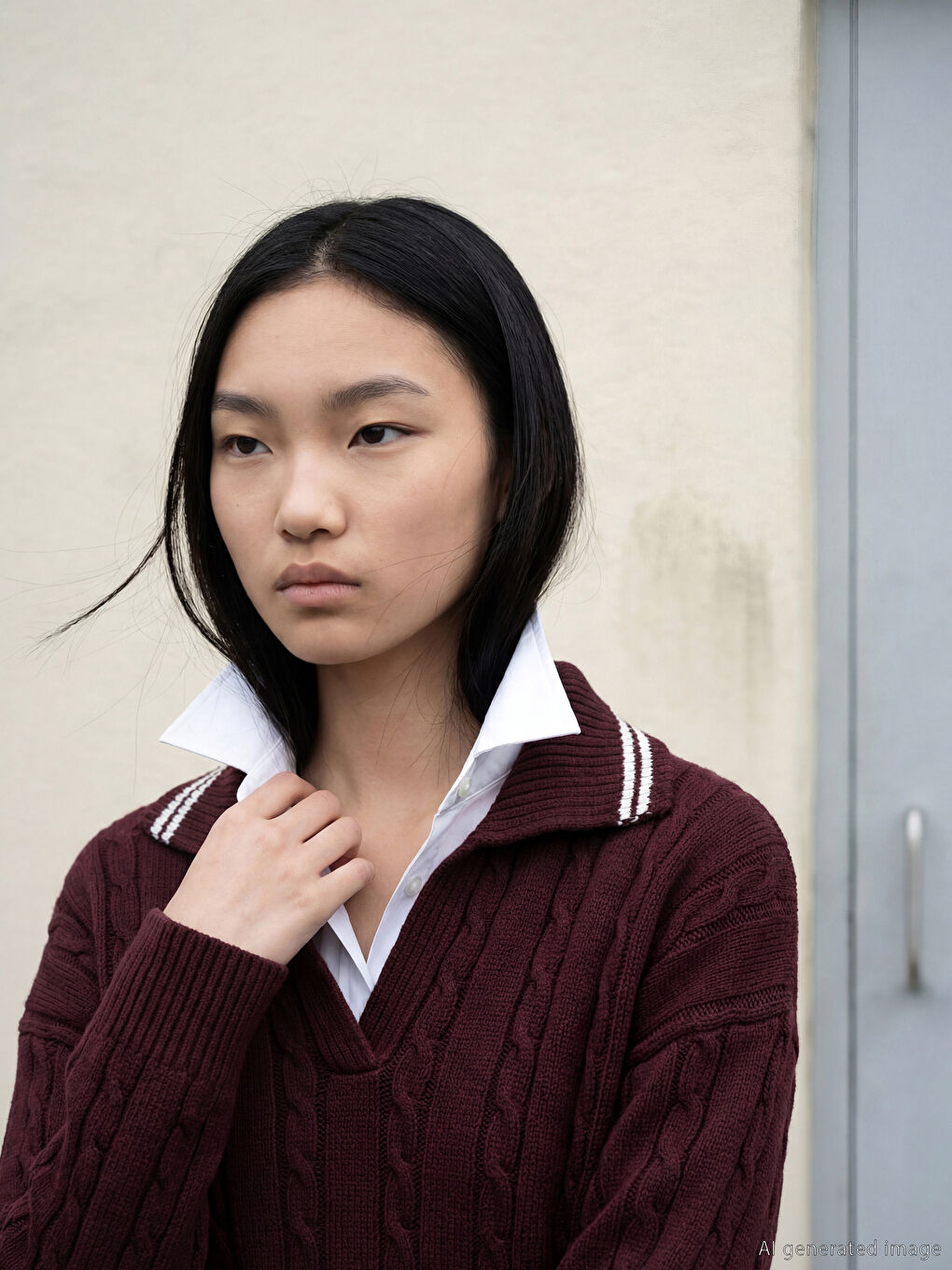 Bordo Polo Yaka Kendinden Desenli Kadın Triko Kazak-1