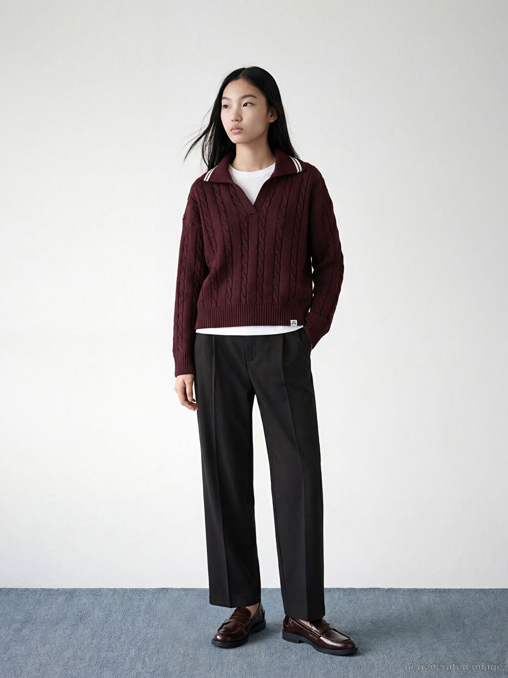 Bordo Polo Yaka Kendinden Desenli Kadın Triko Kazak-2