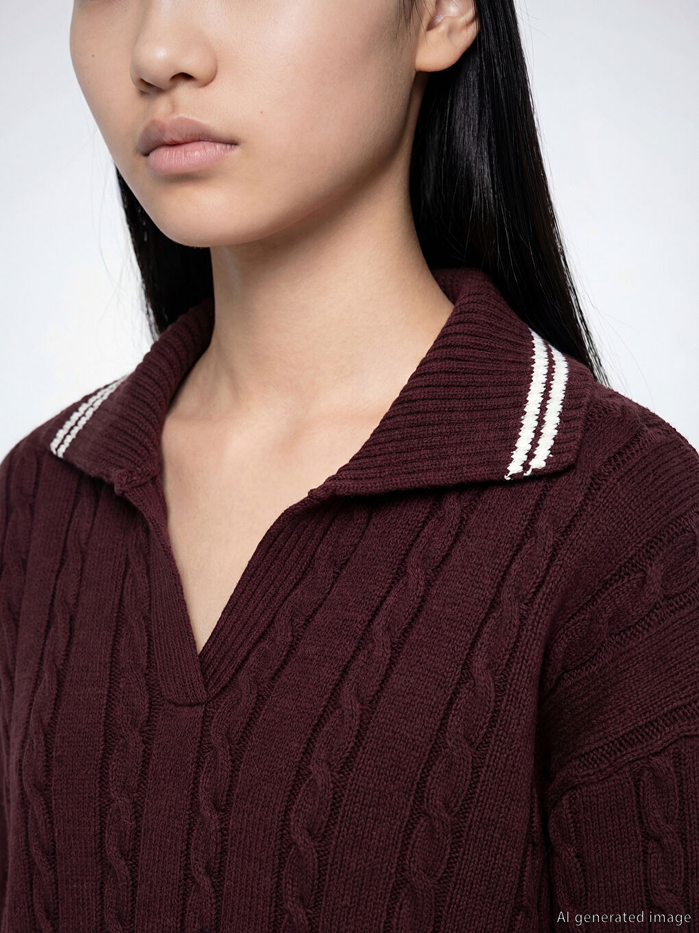 Bordo Polo Yaka Kendinden Desenli Kadın Triko Kazak-3