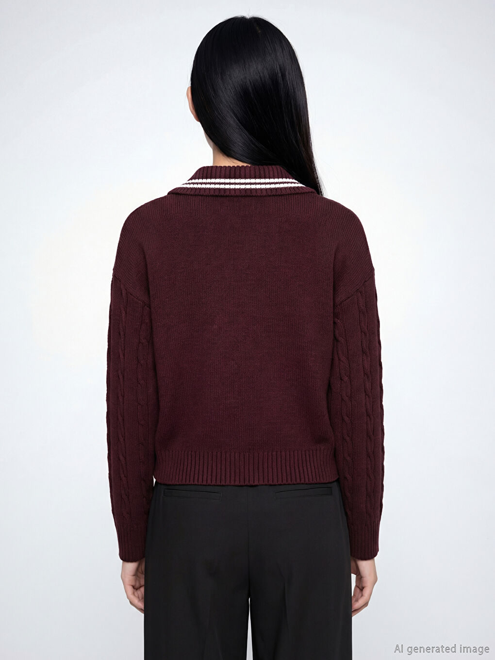 Bordo Polo Yaka Kendinden Desenli Kadın Triko Kazak-4