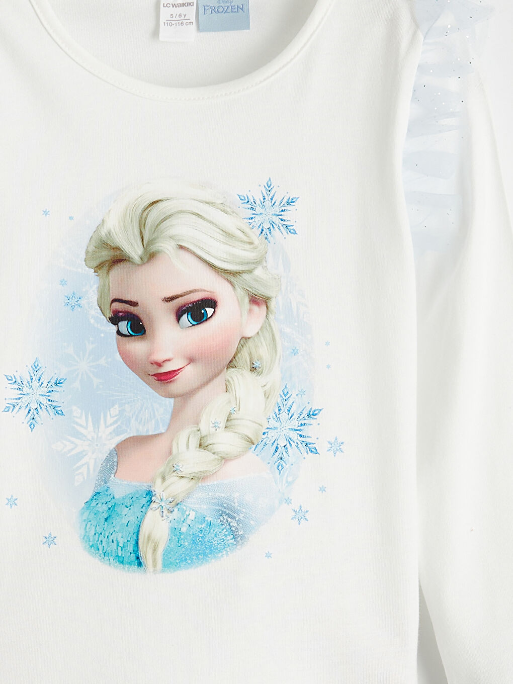 Ekru Elsa Baskılı Fırfırlı Kız Çocuk Tişört-2