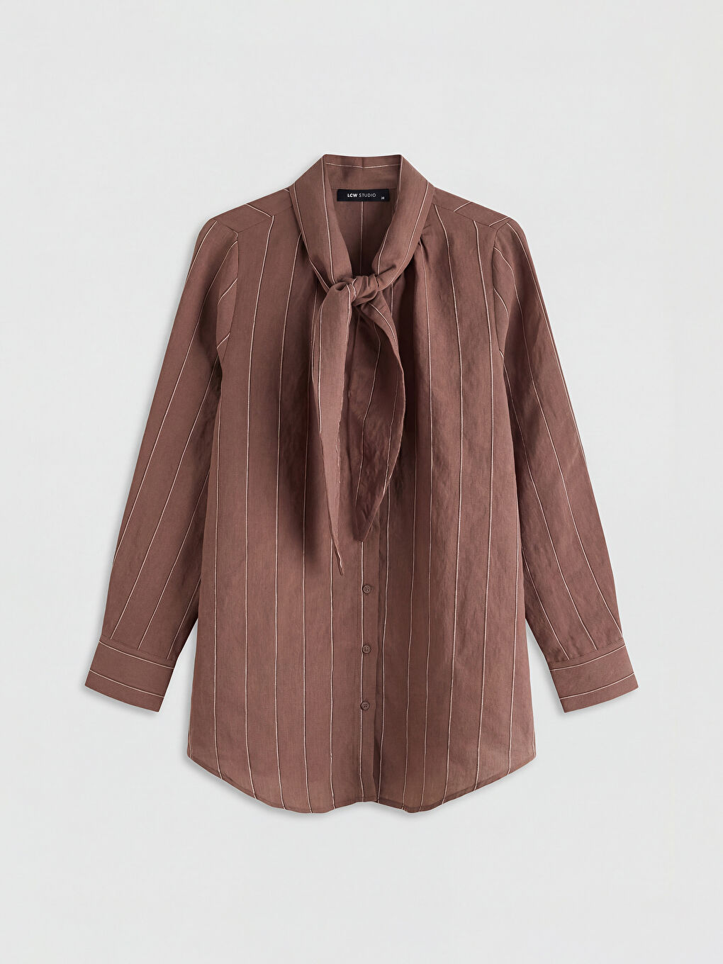Kahverengi Fular Yakalı Çizgili Kadın Gömlek Tunik