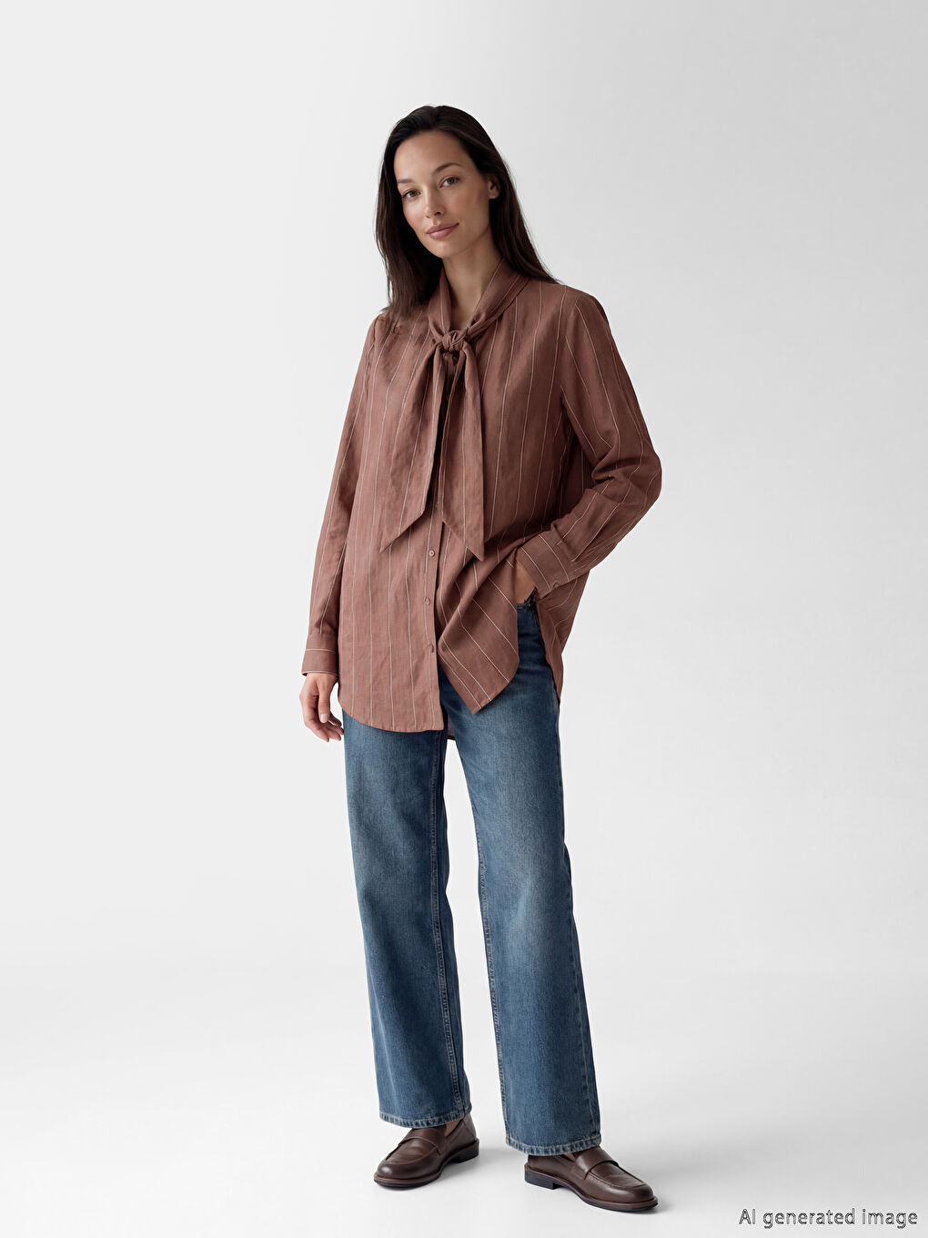 Kahverengi Fular Yakalı Çizgili Kadın Gömlek Tunik-1