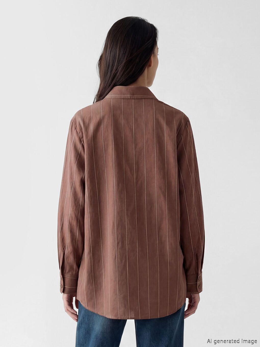 Kahverengi Fular Yakalı Çizgili Kadın Gömlek Tunik-2