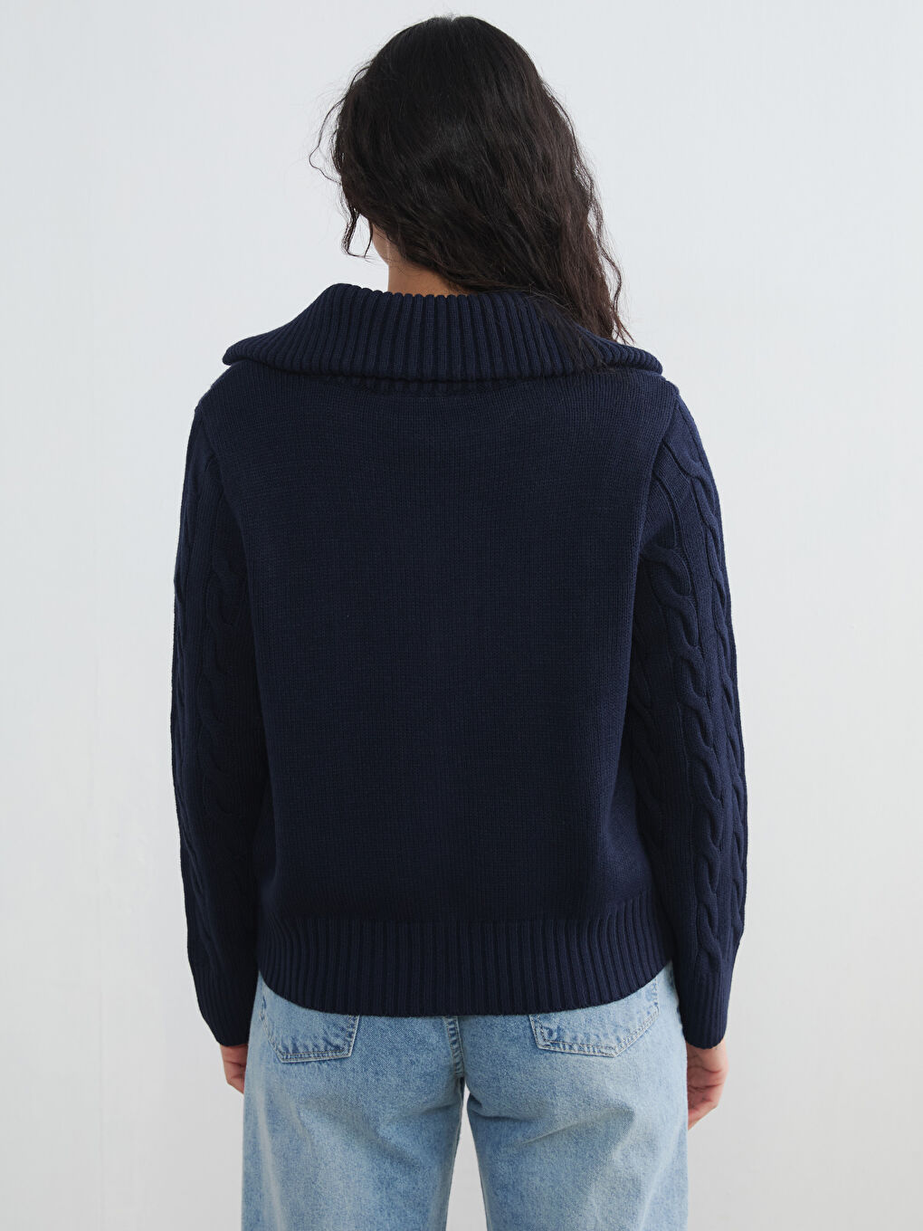 Lacivert Dik Yaka Kendinden Desenli Kadın Triko Hırka-3