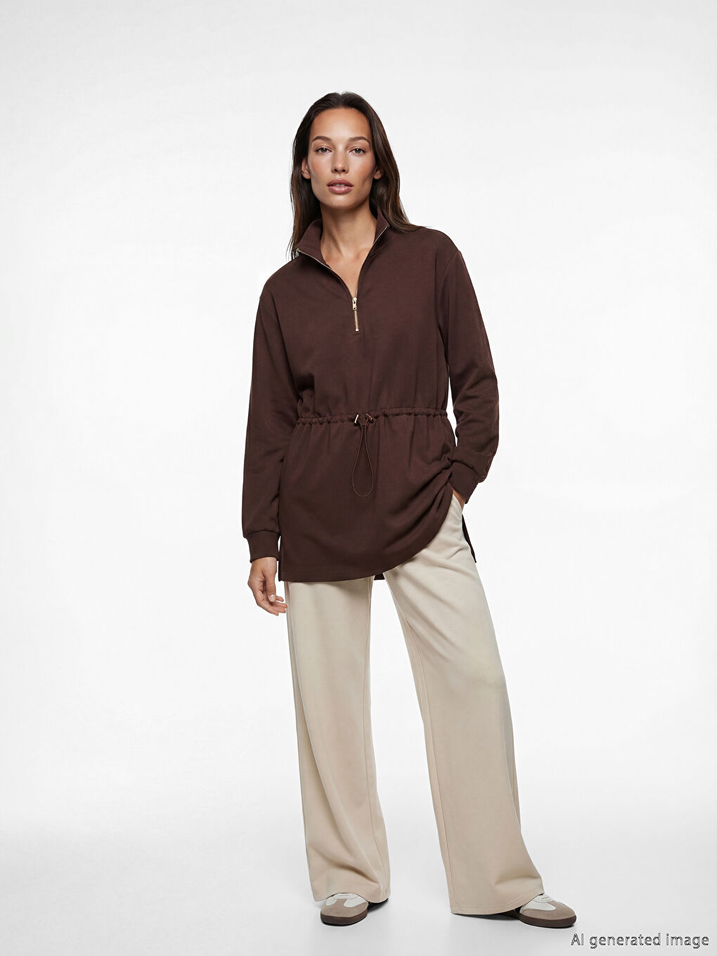 Kahverengi Soft Touch Oversize Kadın Sweatshirt Tunik-1