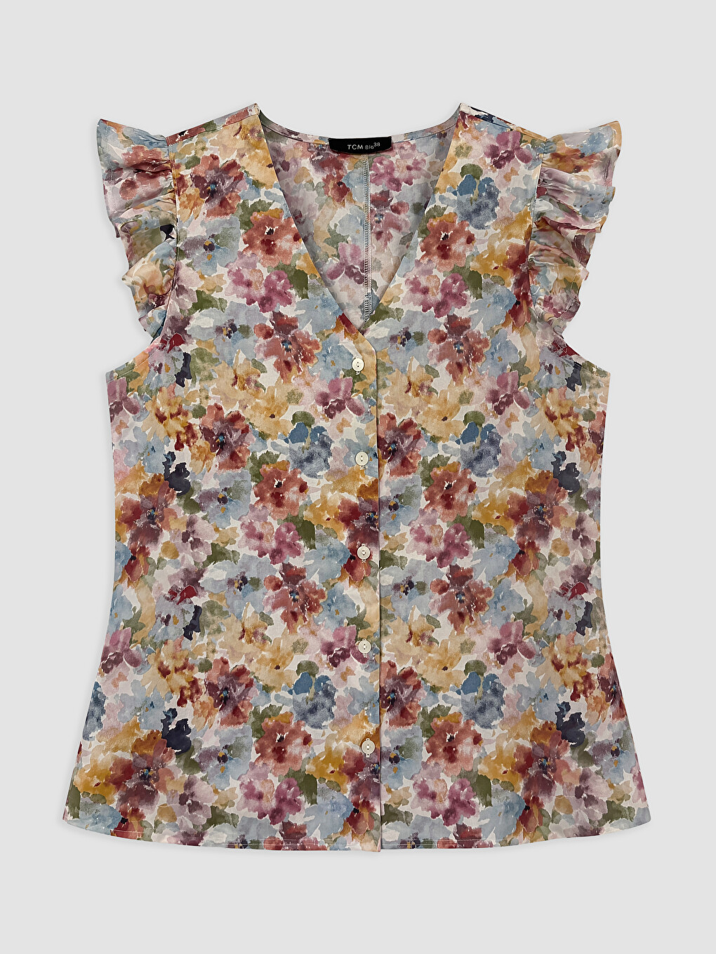 V Neck Floral Frilled Blouse