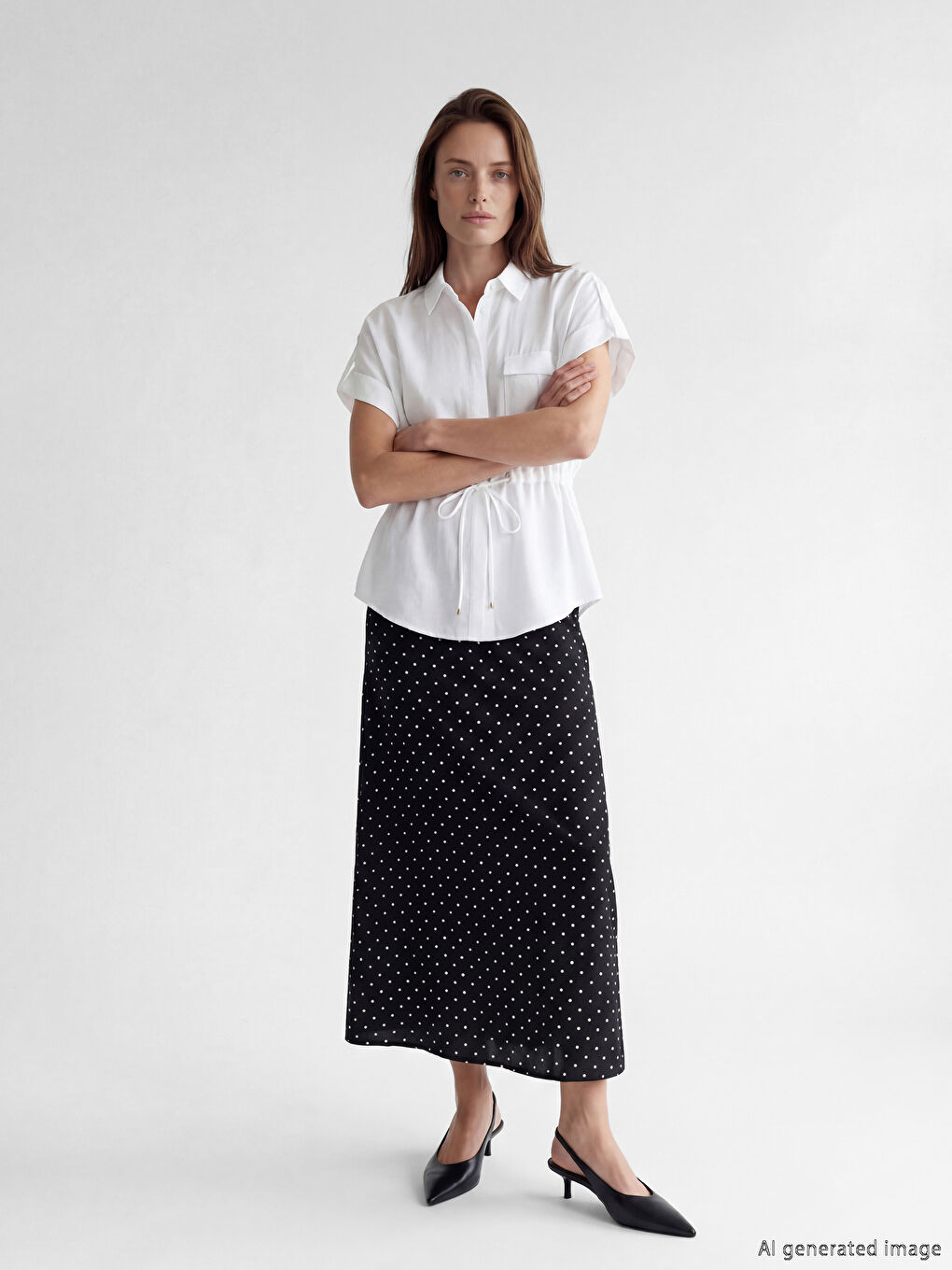 Siyah Beli Lastikli Puantiyeli Etek