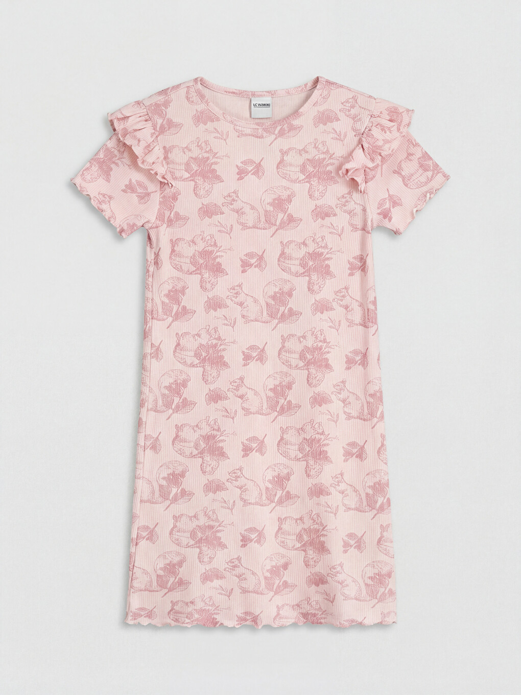 Crew Neck Ruffled Patterned Girls' Dress