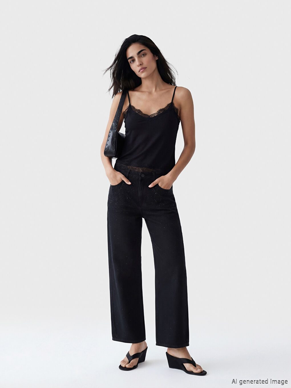 Siyah Baggy Fit Taşlı Kadın Jean Pantolon