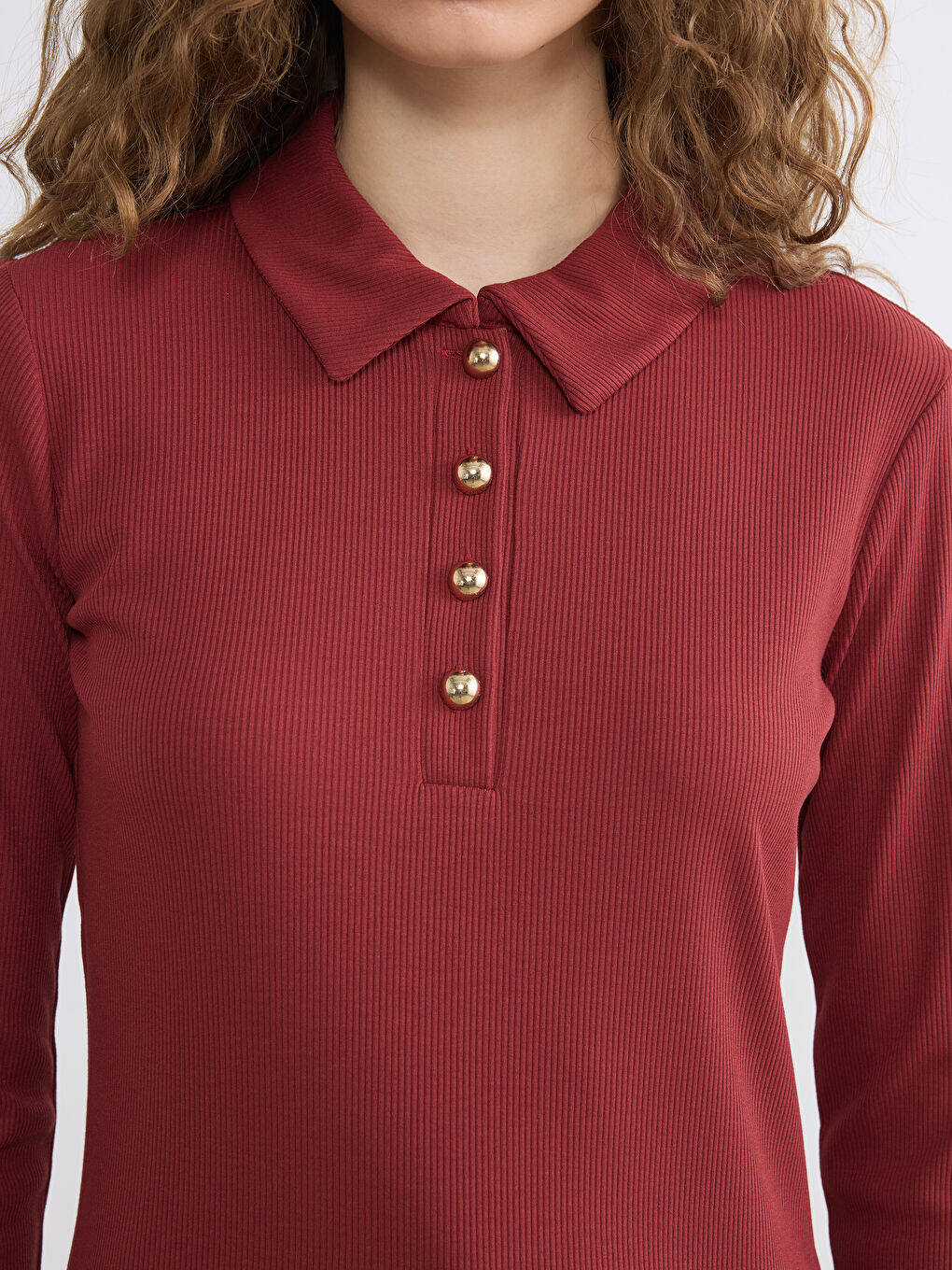 Bordo Polo Yaka Kadın Tişört-2