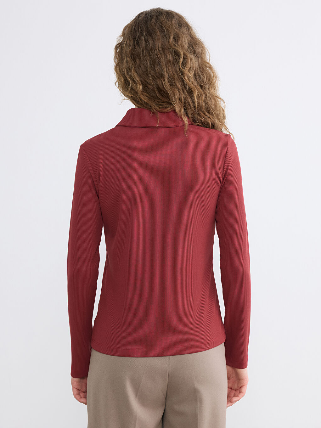 Bordo Polo Yaka Kadın Tişört-3