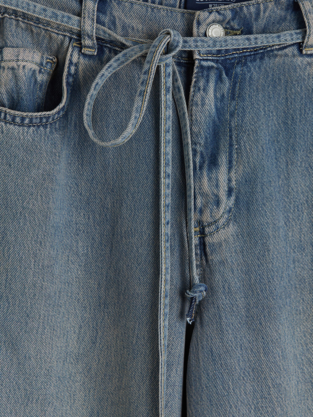 İndigo Beli Kuşaklı Wideleg Kadın Jean Pantolon-2