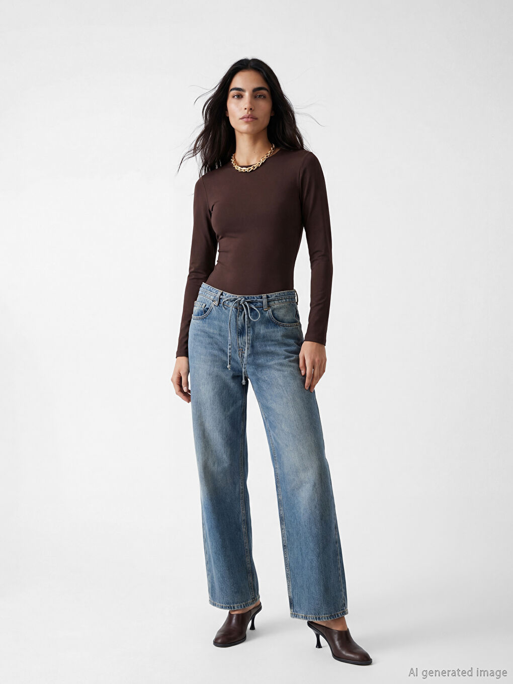 İndigo Beli Kuşaklı Wideleg Kadın Jean Pantolon