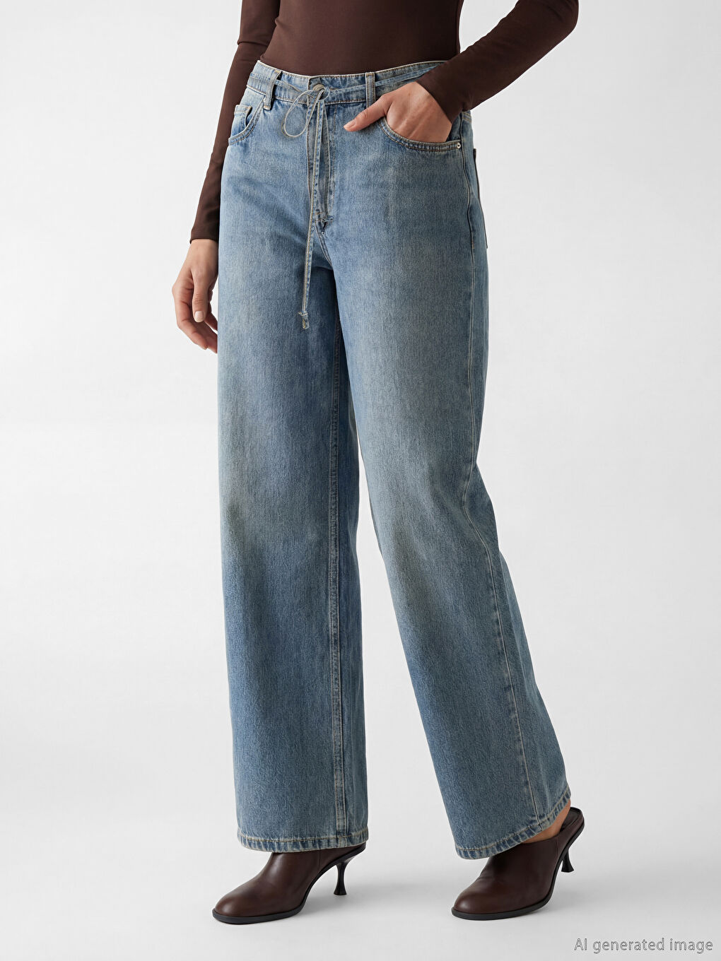 İndigo Beli Kuşaklı Wideleg Kadın Jean Pantolon-1