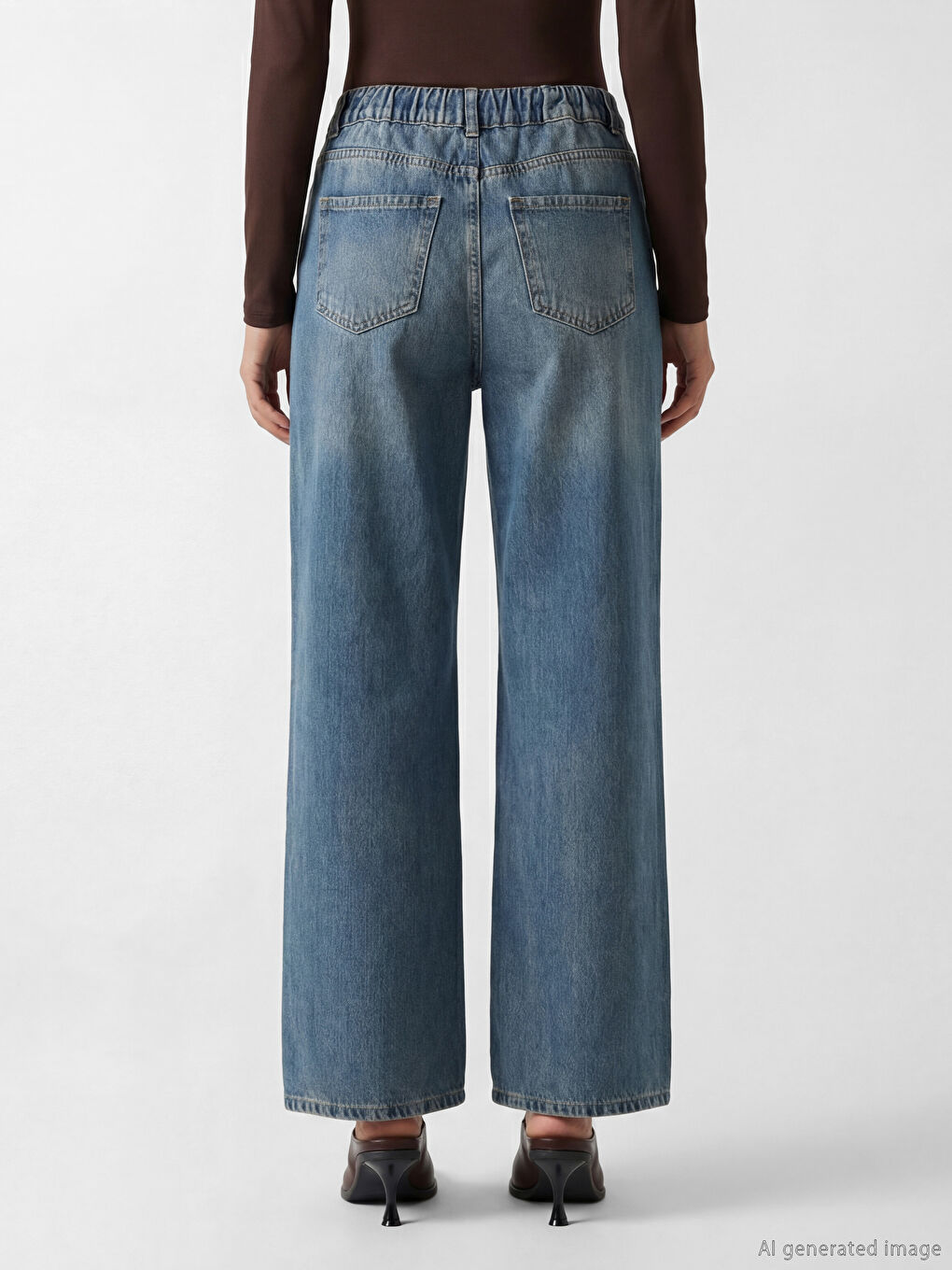 İndigo Beli Kuşaklı Wideleg Kadın Jean Pantolon-3