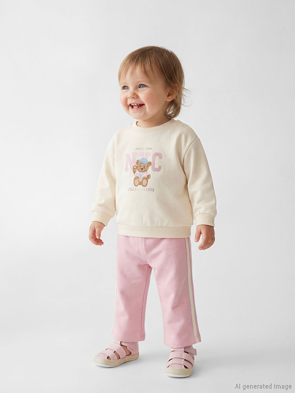 Ekru NYC Baskılı Kız Bebek Sweatshirt ve Eşofman Alt