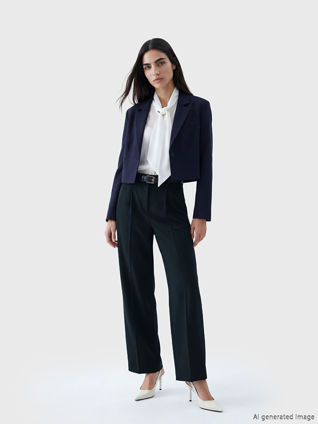 Lacivert Beli Kemerli Kadın Pileli Kumaş Pantolon