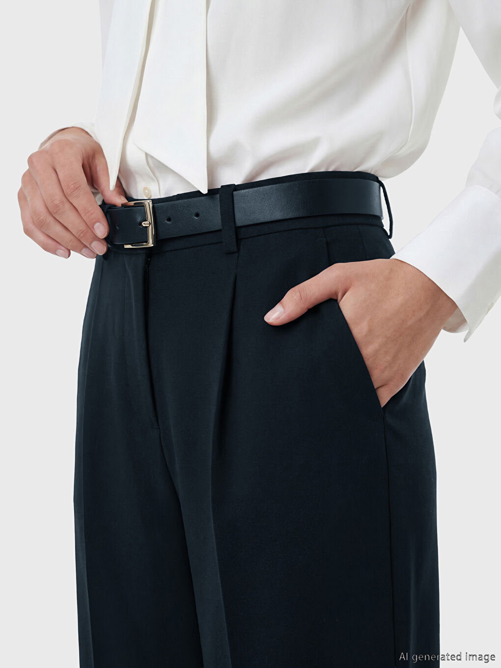 Lacivert Beli Kemerli Kadın Pileli Kumaş Pantolon-2