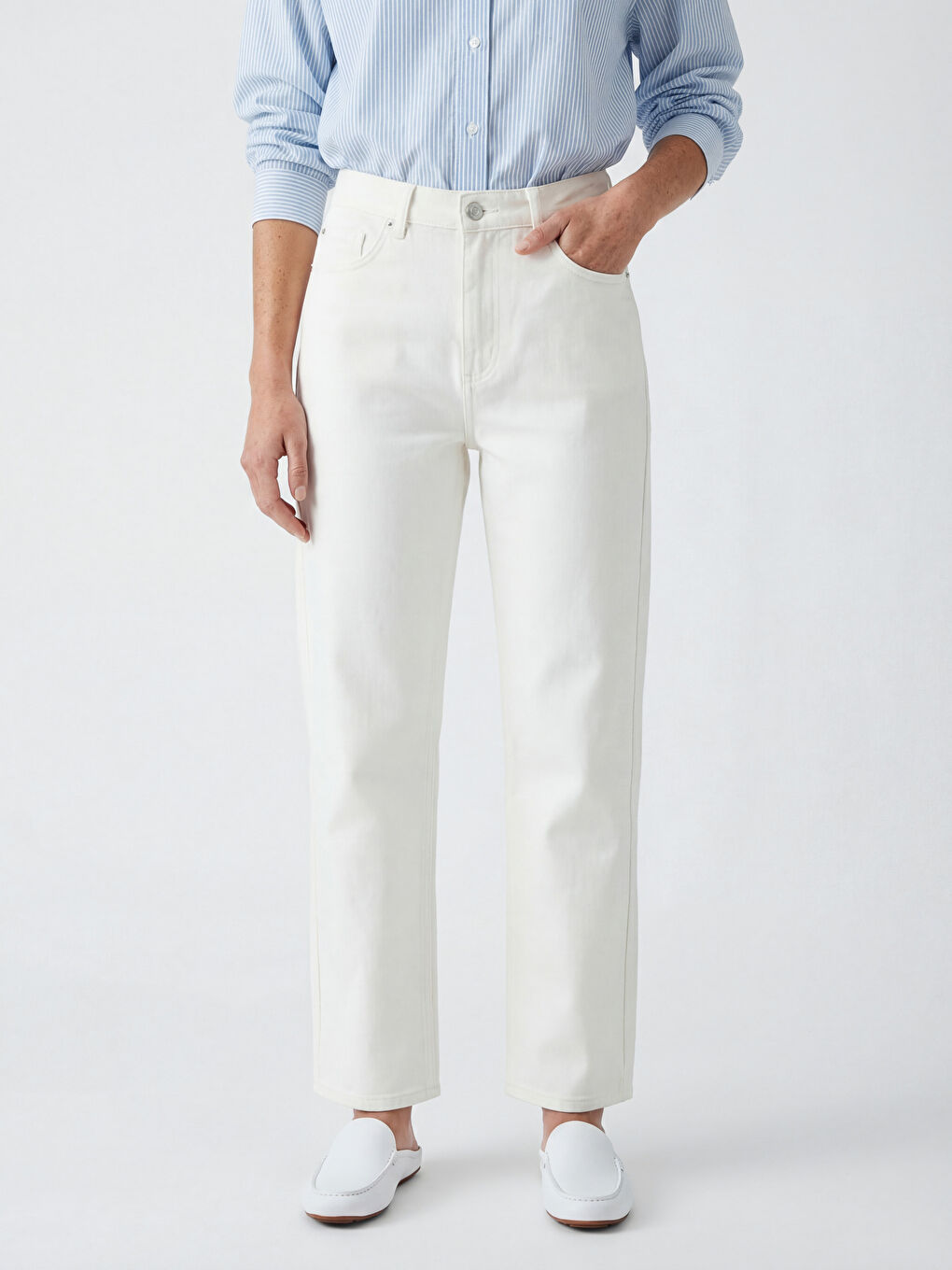 Bej Straight Fit Kadın Jean Pantolon-1