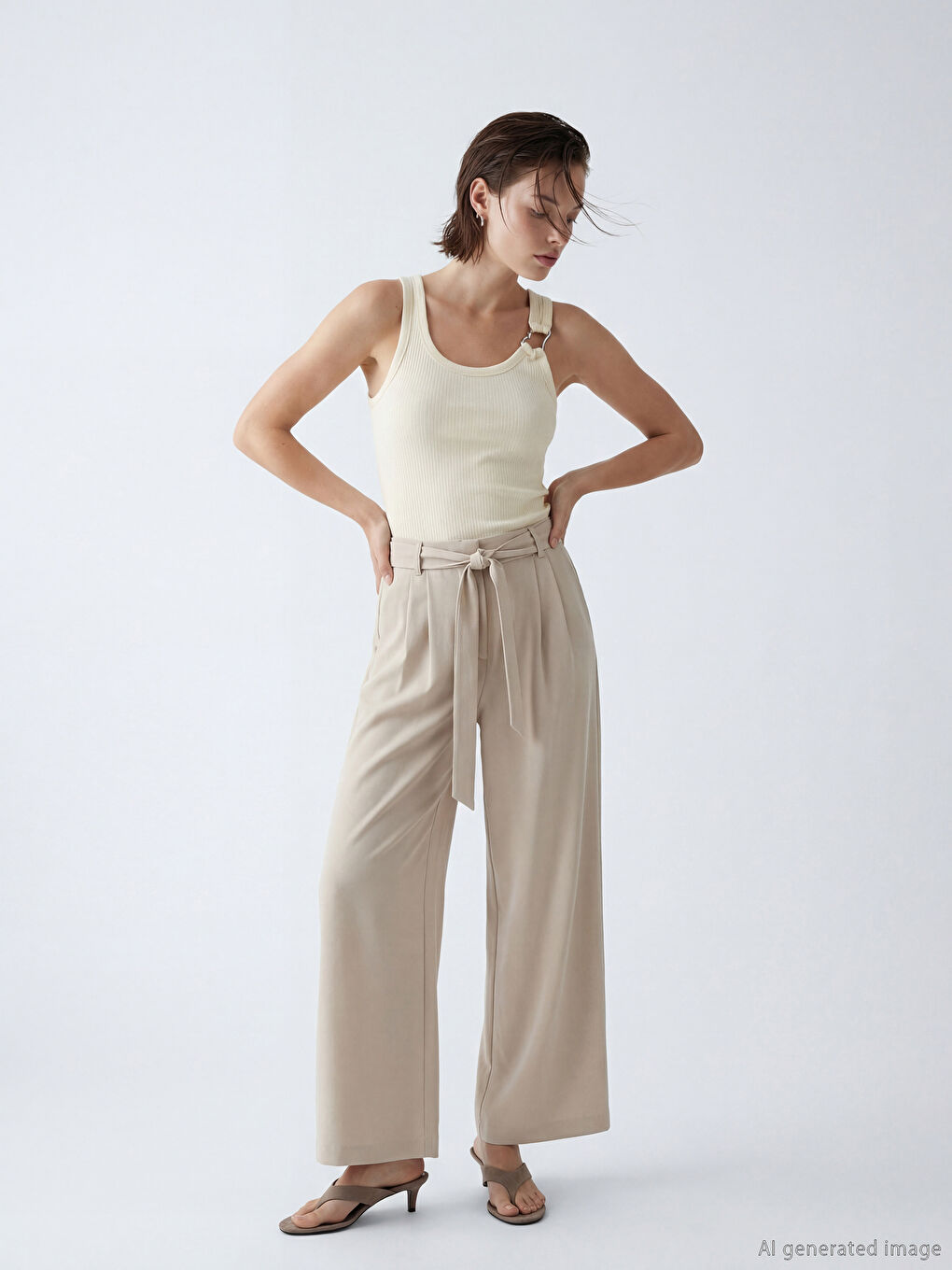 Bej Beli Kuşaklı Geniş Paça Kadın Pantolon