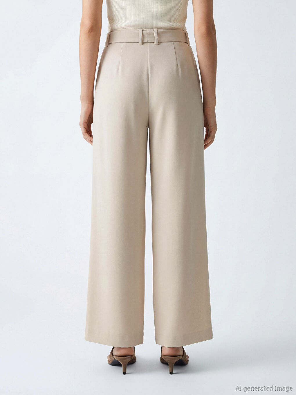 Bej Beli Kuşaklı Geniş Paça Kadın Pantolon-2