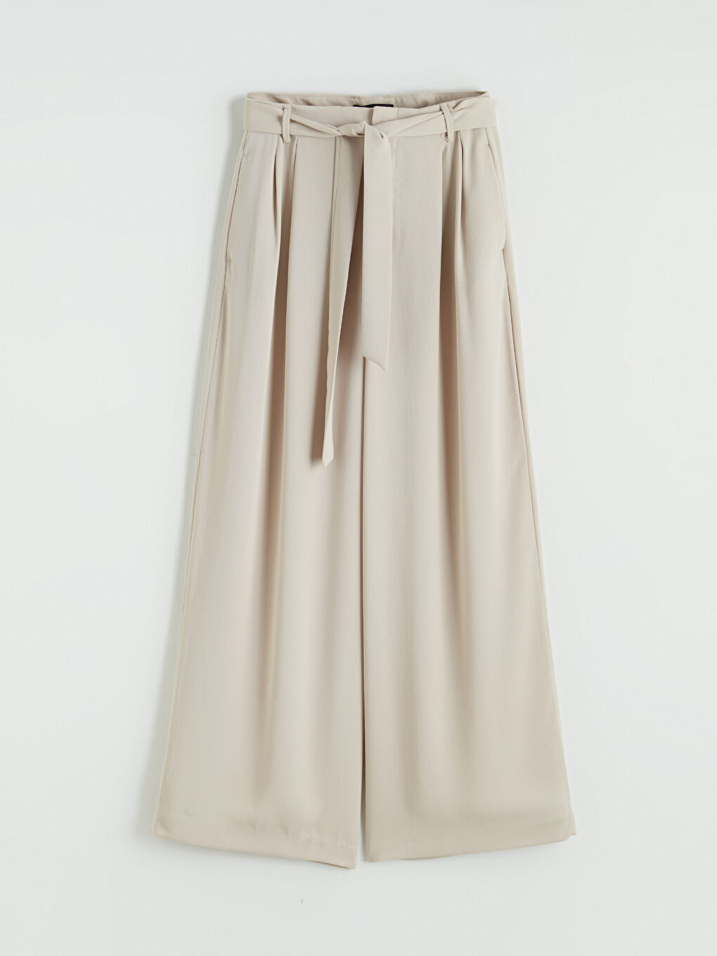 Bej Beli Kuşaklı Geniş Paça Kadın Pantolon-3