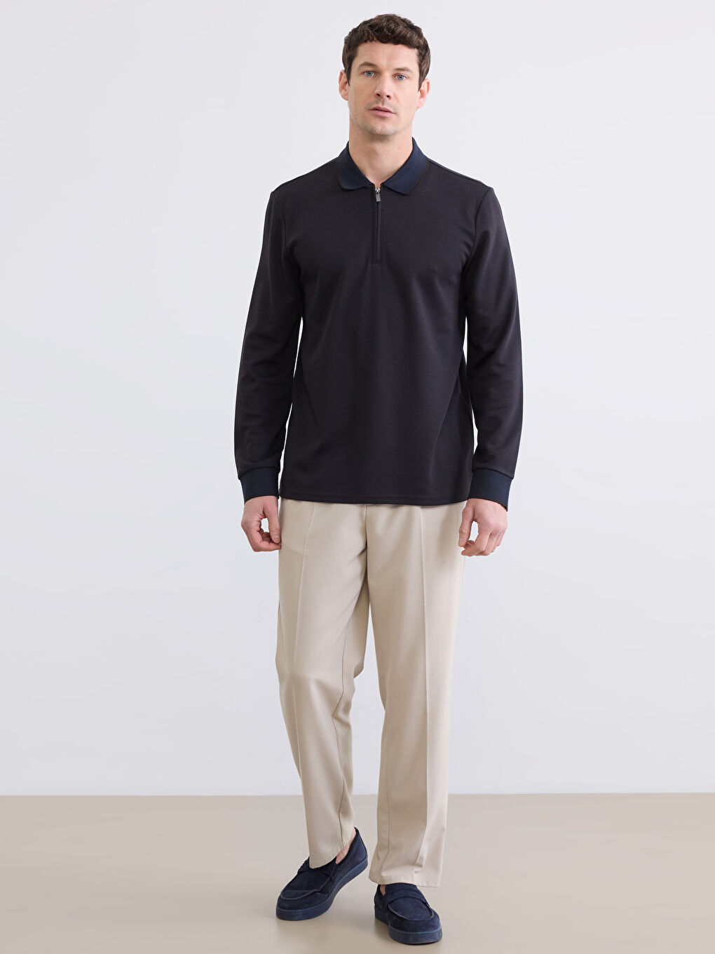 Kahverengi Polo Yaka Erkek Sweatshirt-1