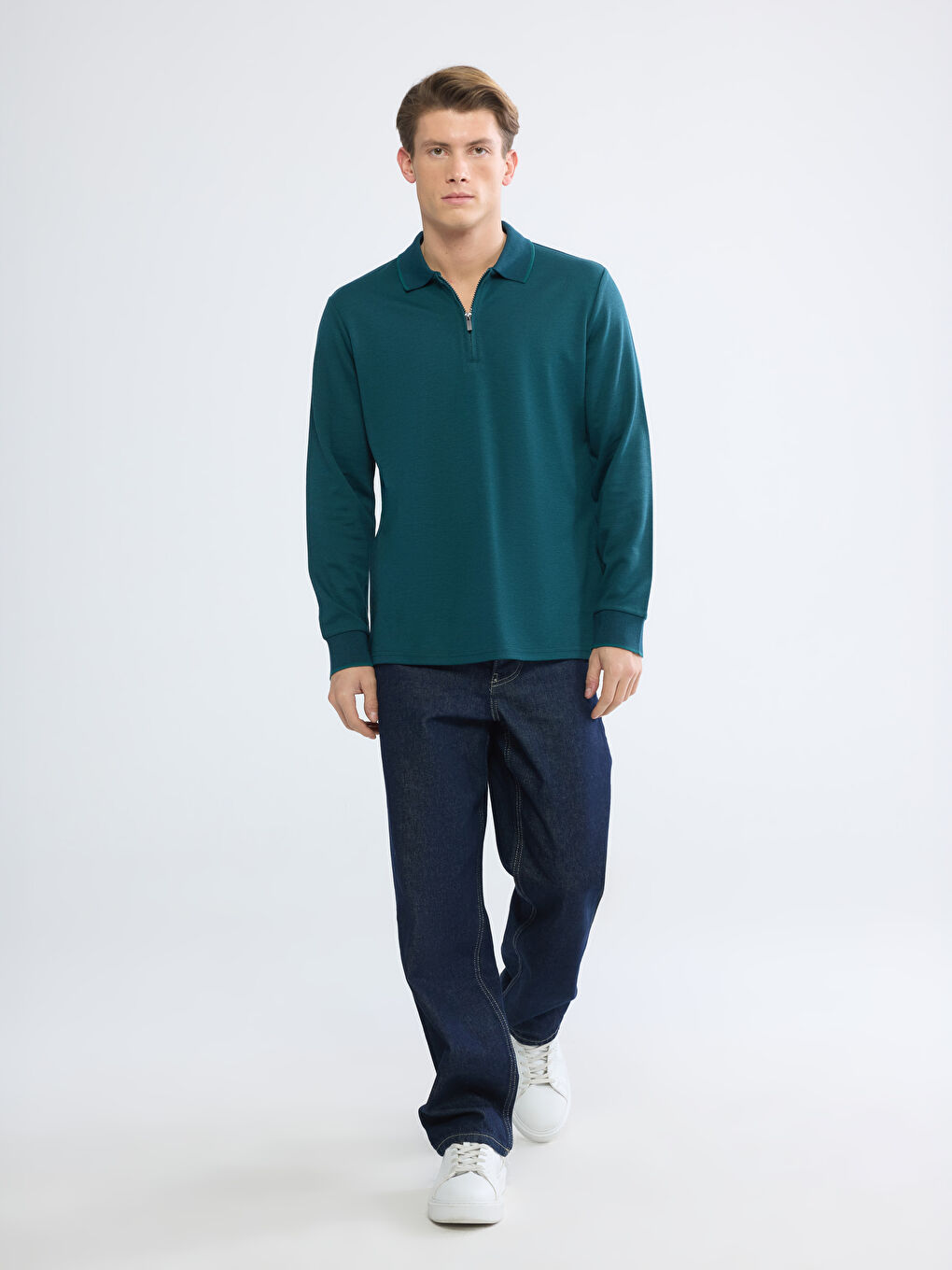 Yeşil Polo Yaka Erkek Sweatshirt-1
