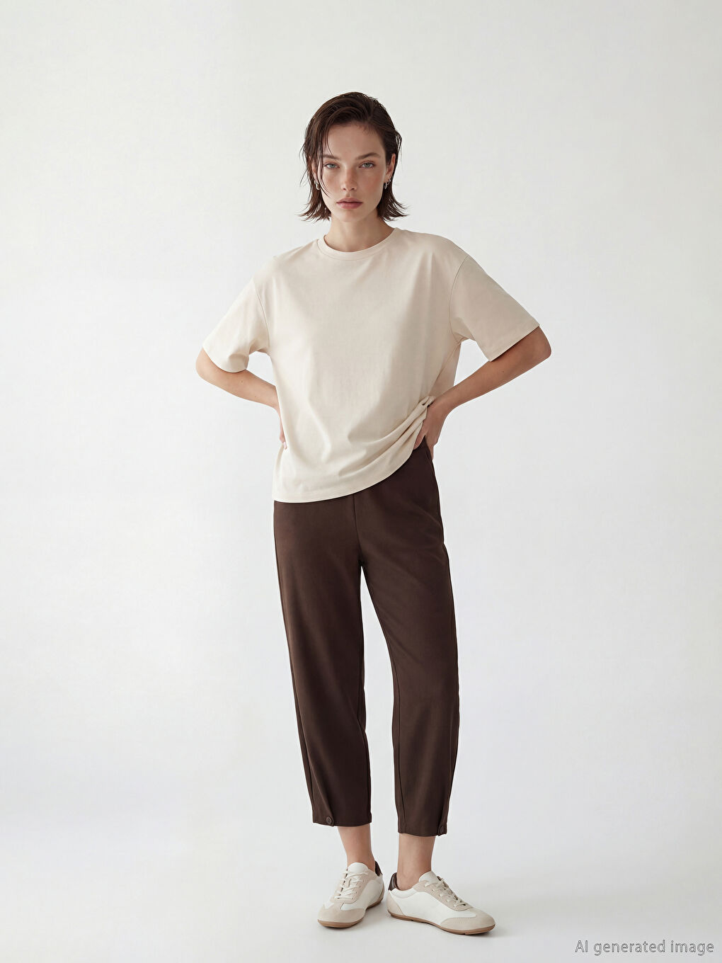 Kahverengi Beli Lastikli Dokulu Kadın Pantolon