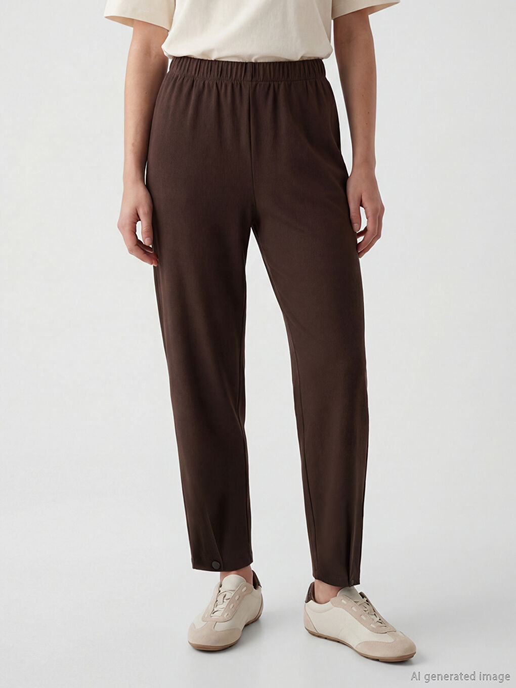 Kahverengi Beli Lastikli Dokulu Kadın Pantolon-1