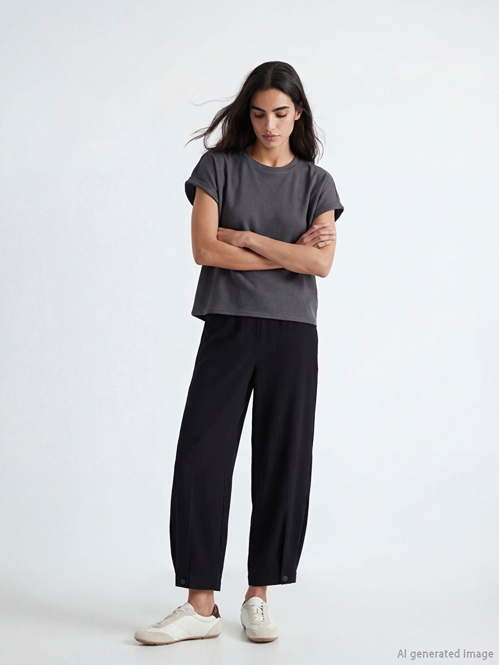 Siyah Beli Lastikli Dokulu Kadın Pantolon