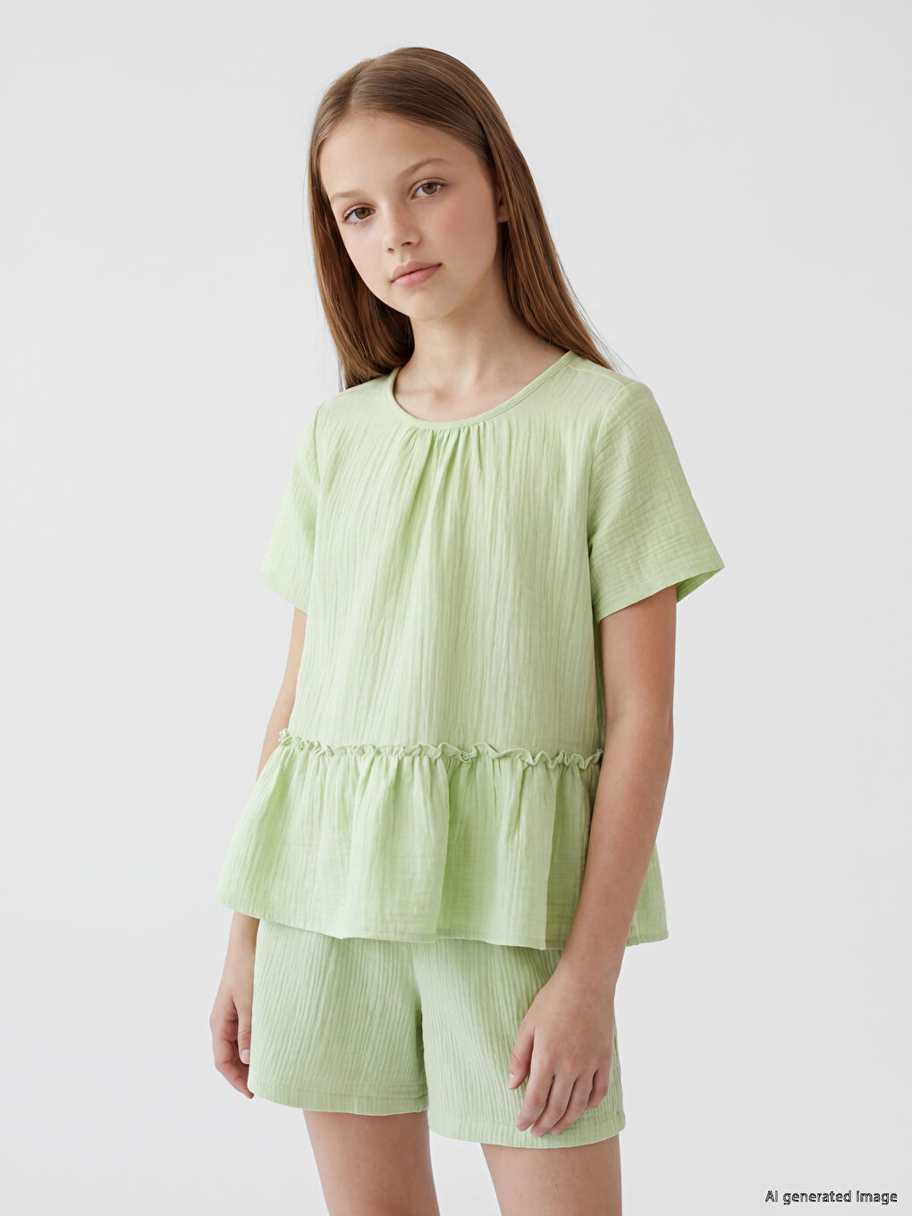 Crew Neck Frilled Girls' Muslin Blouse