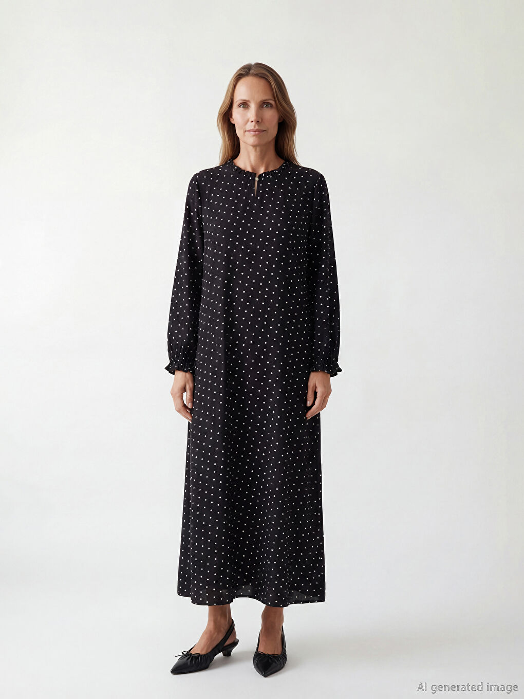 Siyah Fırfırlı Dik Yaka Taşlı A Kesim Elbise