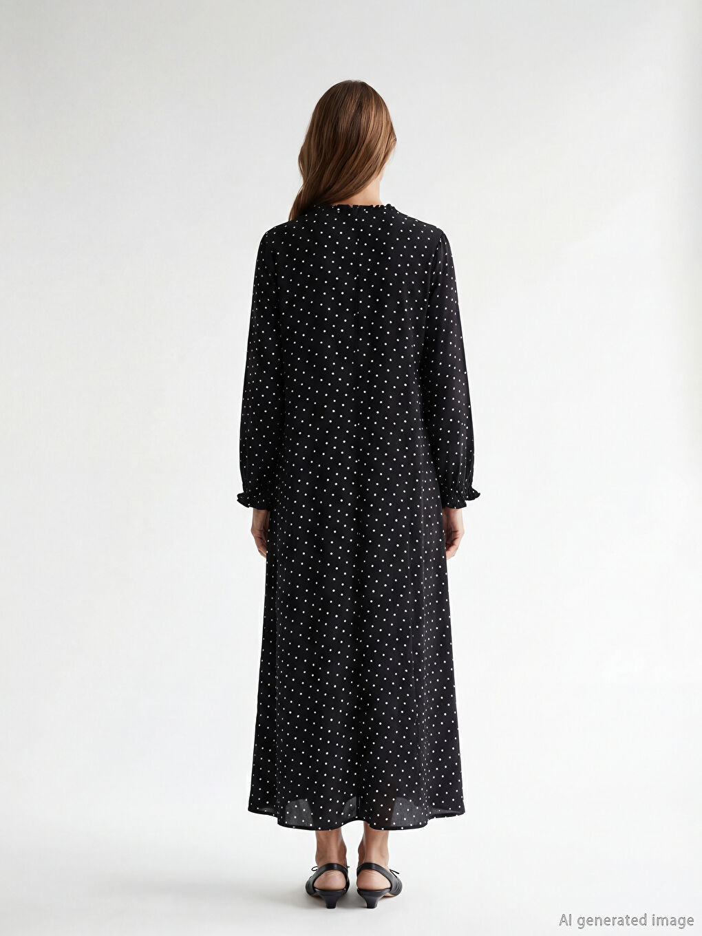 Siyah Fırfırlı Dik Yaka Taşlı A Kesim Elbise-2