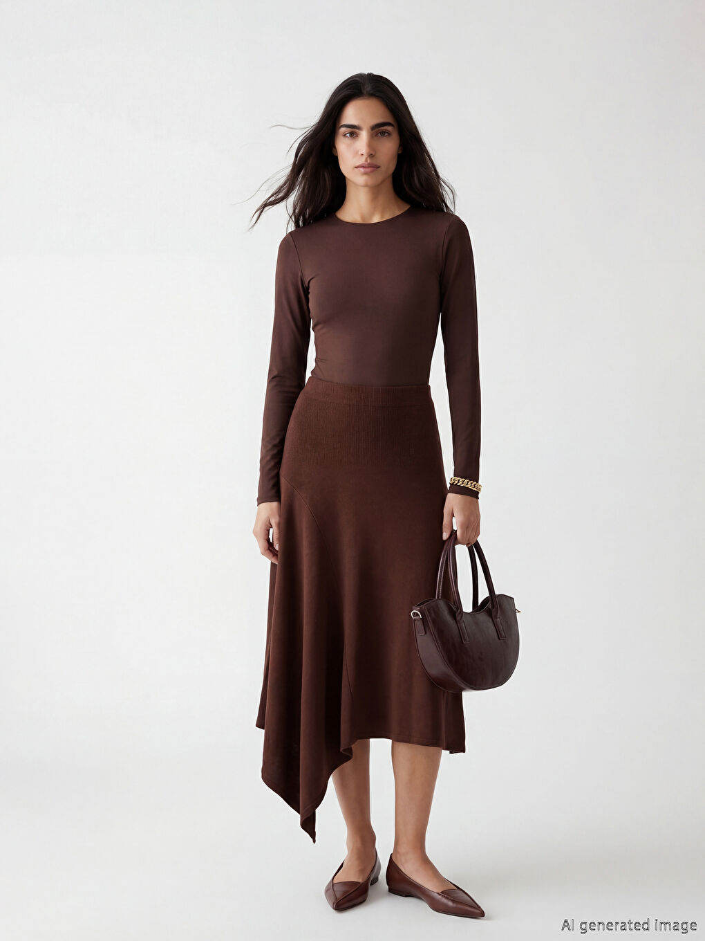 Kahverengi Beli Lastikli Asimetrik Kesim Etek