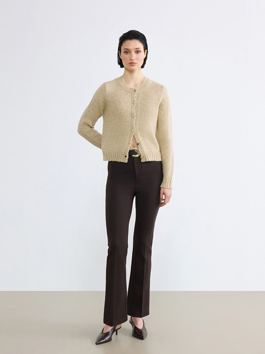 Kahverengi Beli Kemerli İspanyol Paça Kadın Pantolon