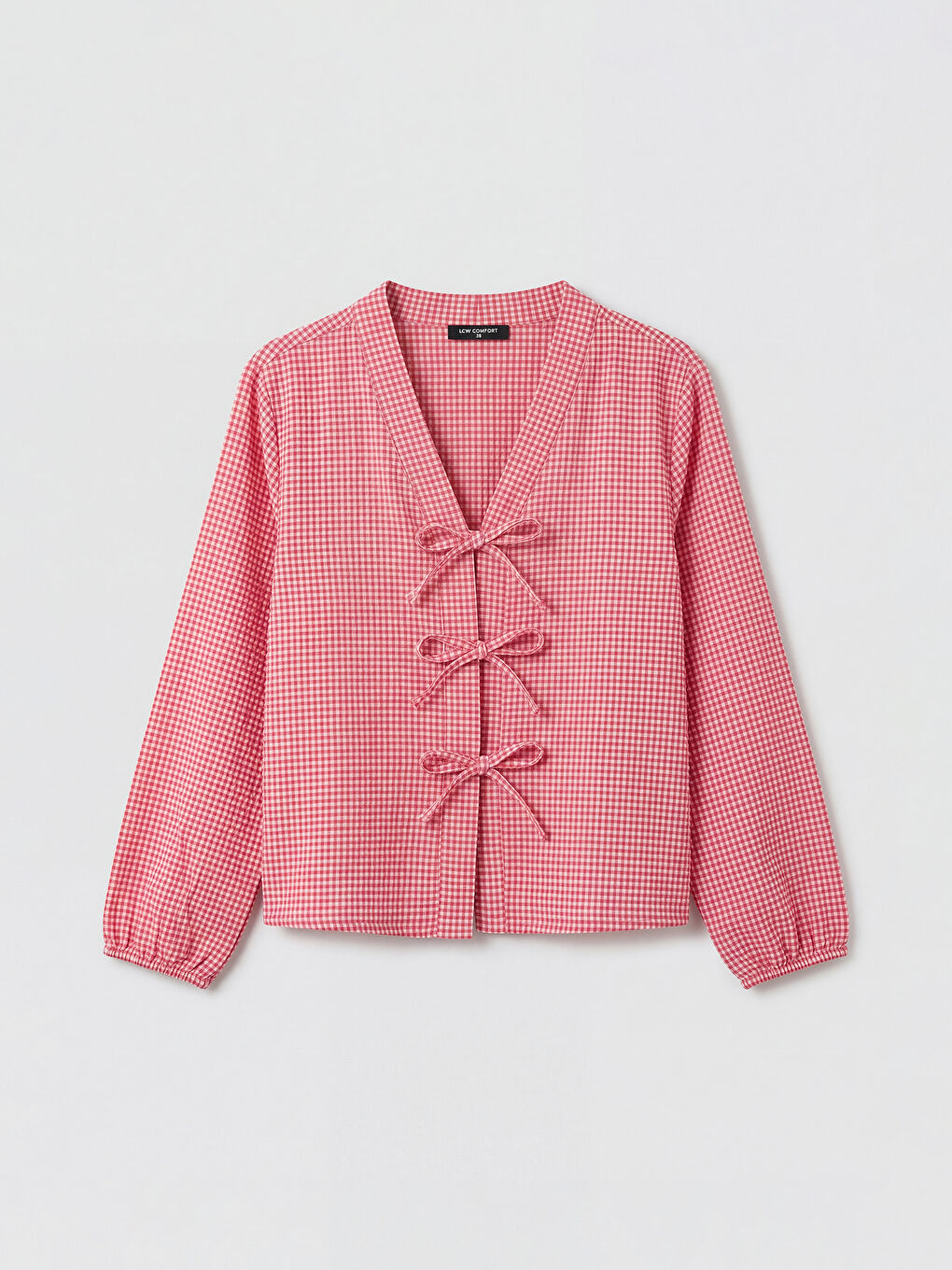 Pembe V Yaka Ekose Bağlamalı Bluz