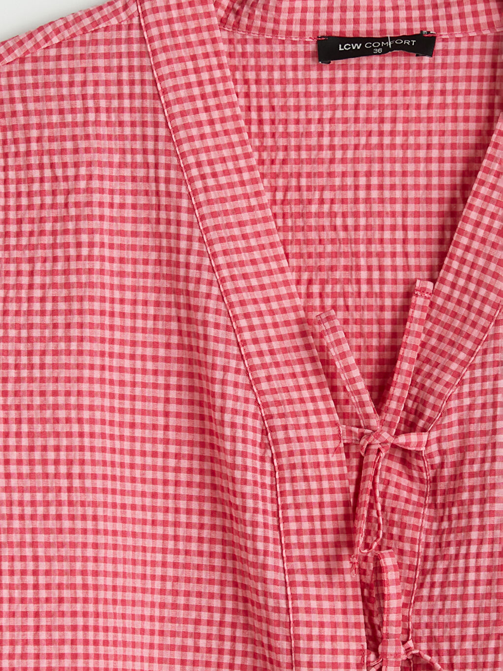 Pembe V Yaka Ekose Bağlamalı Bluz-2