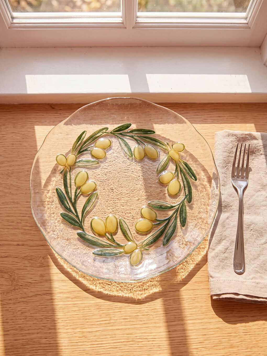 Karışık Zeytin Desenli Cam Pasta Tabağı 21 cm-1
