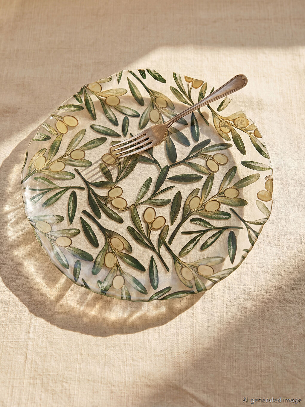 Renksiz Zeytin Baskılı Cam Servis Tabağı