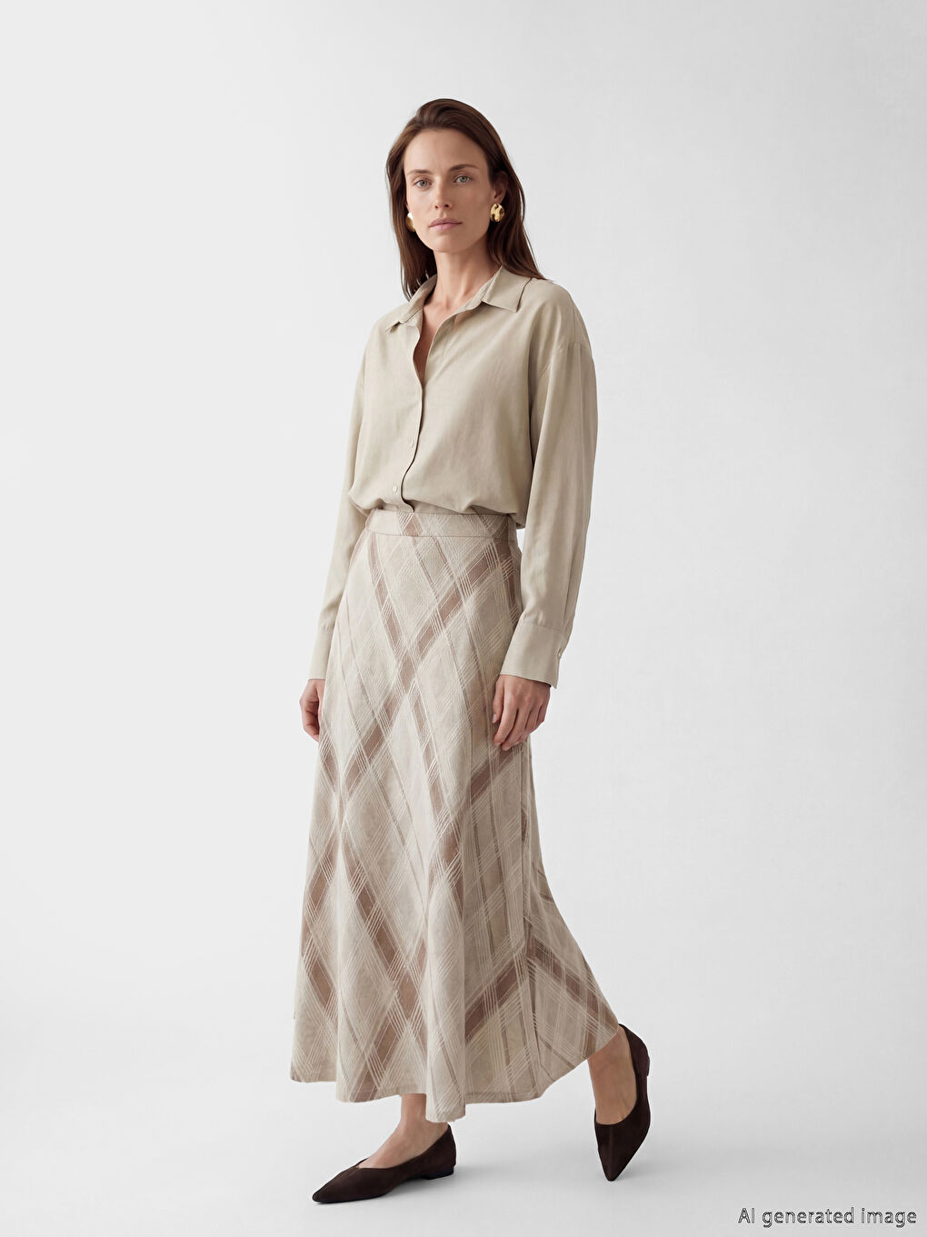 Bej Beli Lastikli Baklava Desenli Etek