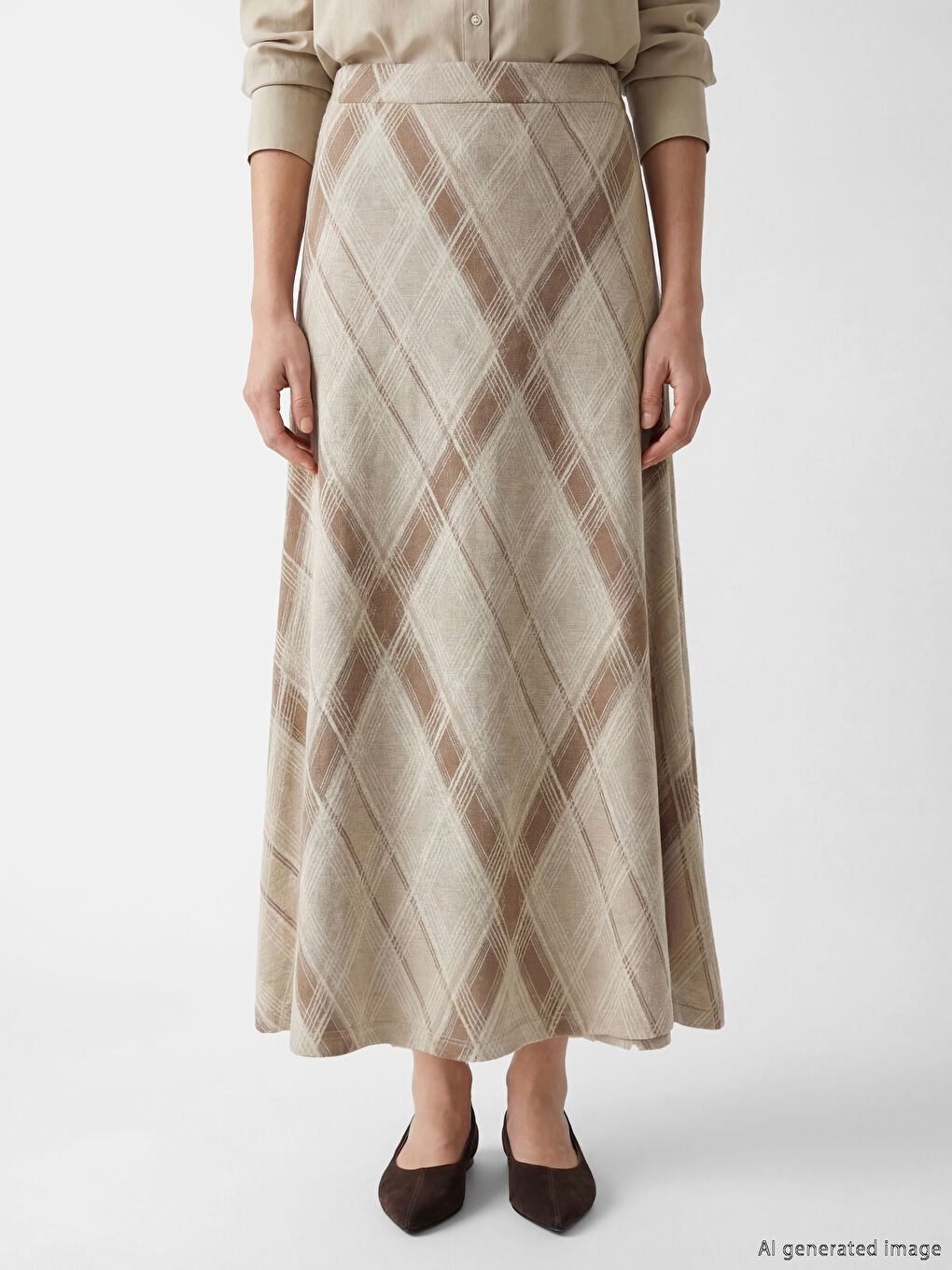 Bej Beli Lastikli Baklava Desenli Etek-1