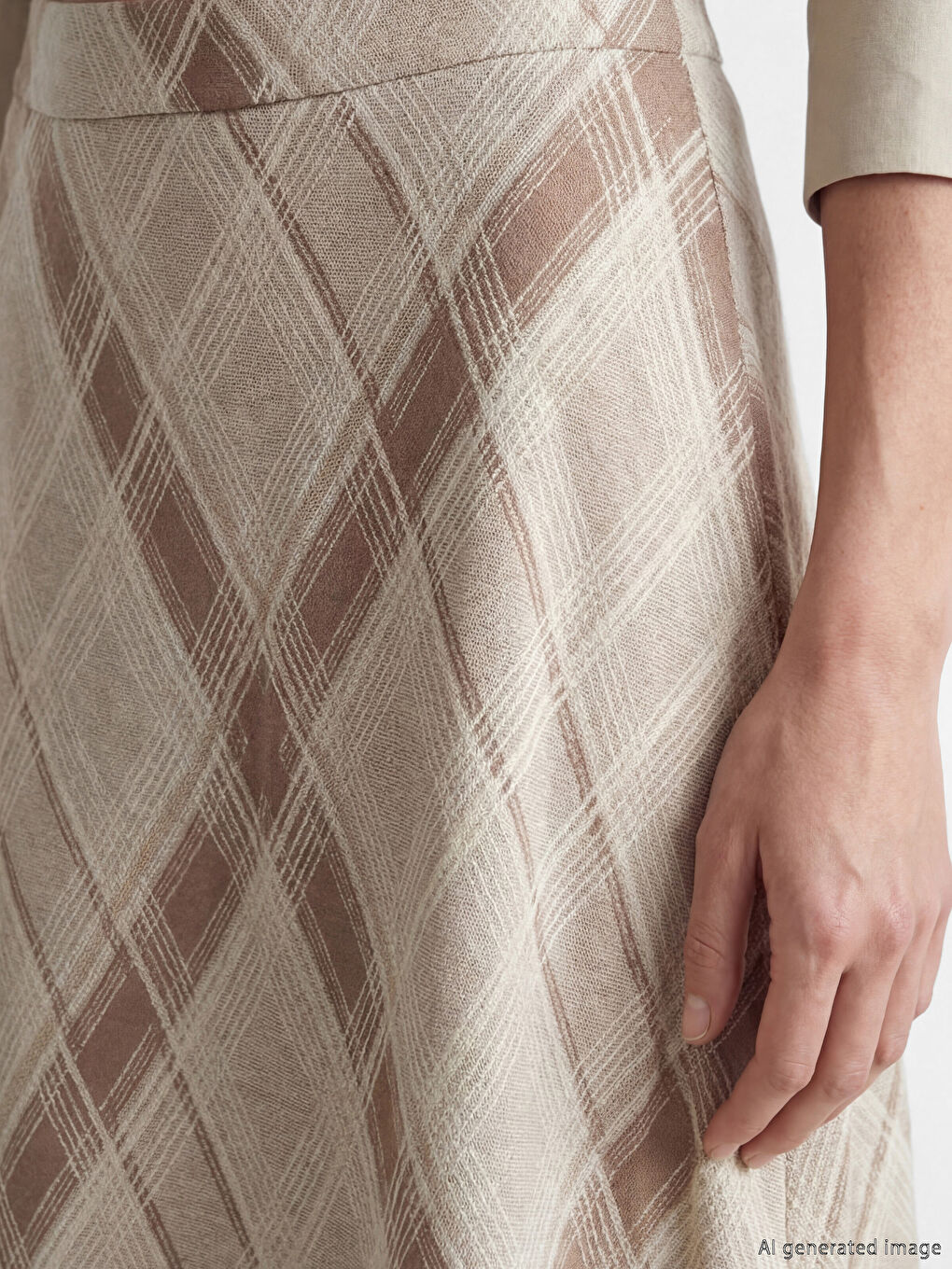 Bej Beli Lastikli Baklava Desenli Etek-2